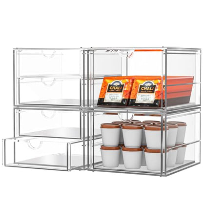 4-Pack Acrylic 6-Drawer Office & Makeup Storage Organizer,Desk | Smooth-glide drawers, clear body, dustproof, wipe clean, for stationery, lipsticks, blush palettes, hair clips, sticky notes - size: 6 Drawers