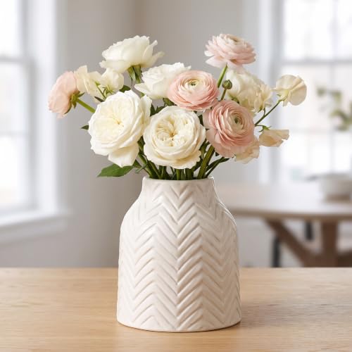 hjn White Vase for Flowers Ceramic Vase for Decor, Modern Decorative Vase, Vases for Your Kitchen/Office/Living Room/Bookshelf/Mantel - White Texture(Small) - size: 5D'' x 6H''