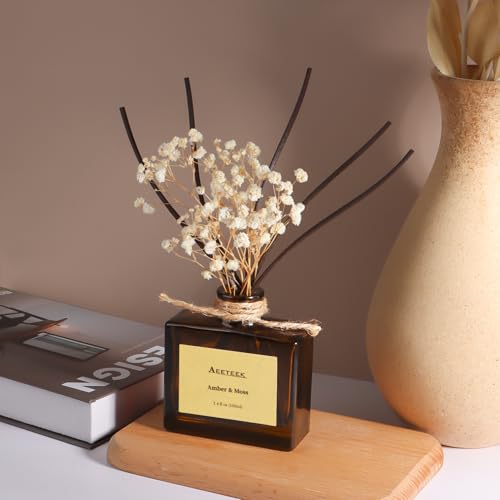 Reed Diffuser, Amber & Moss Essential Oil Diffuser with Dried Flowers, 3.4 oz Scented Oil Air Freshener, Handmade Home Decor, Long-Lasting Room Scent Fragrance for Office, Bathroom | 3.4oz(100ml) Scented Oil Air Freshener, Handmade Home Decor, Long-Lastin