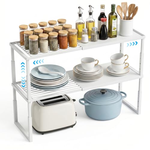 2 Packs Expandable Cabinet Shelf Organizer, Stackable Countertop Shelves | 15.8''- 25.5'' In Cabinet Shelf, Adjustable Kitchen Cabinet Organizer for Pantry Organizer, CupBoard Organizers and Storage - color: White, size: 2 Packs