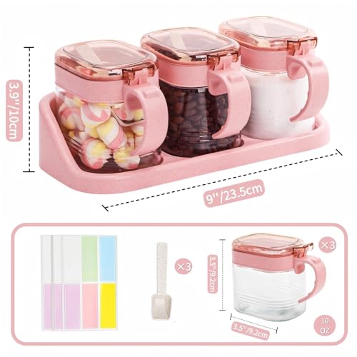 3 PCS Glass Coffee Sugar Container Set, 10oz Pink Spice Jars with Labels, Scoops and Tray, Seasoning Box Salt Containers Condiment Jar Set for Kitchen, Coffee Beans, Sugar, Tea, Candy