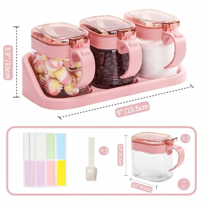 3 PCS Glass Coffee Sugar Container Set, 10oz Pink Spice Jars with Labels, Scoops and Tray, Seasoning Box Salt Containers Condiment Jar Set for Kitchen, Coffee Beans, Sugar, Tea, Candy