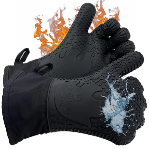 Ekogrips Plus Oven Gloves with Fingers, Comfy Waterproof Silicone Oven Mitts Heat Resistant with Long Cuff, Insulated BBQ Gloves Perfect for Grilling, Baking, Smoker, Canning, and Pizza, Black, OSFM - color: Black, size: OSFM