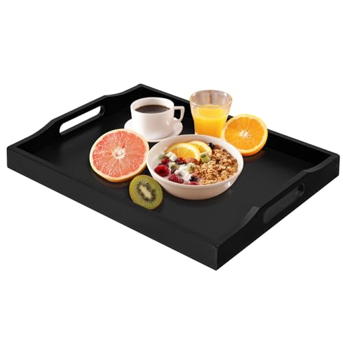 RRX Bamboo Food Serving Tray with Handles,Breakfast Bed Tray (Black) | Wood Tray for Tea, Snack, Dinner, Home Decorative Storage Food, Platter, Ottoman for Kitchen Counter, Bathroom, Restaurant - color: Black