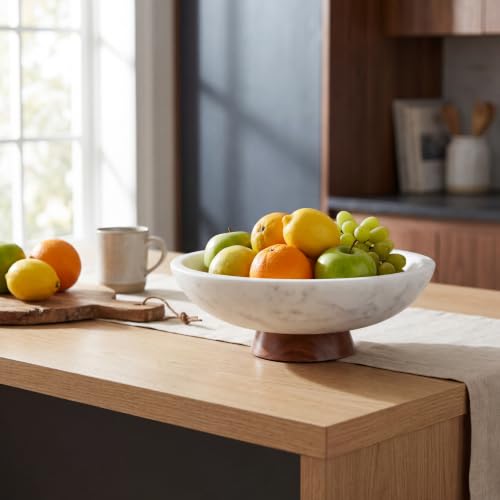 Decorative Marble Bowl White - Handcrafted Natural Stone on Removable Acacia Wood Pedestal Base - Versatile 10" Catch‑All Centerpiece - Entryway, Dining Table, Kitchen Fruit Bowl, Key Holder (White) - color: White