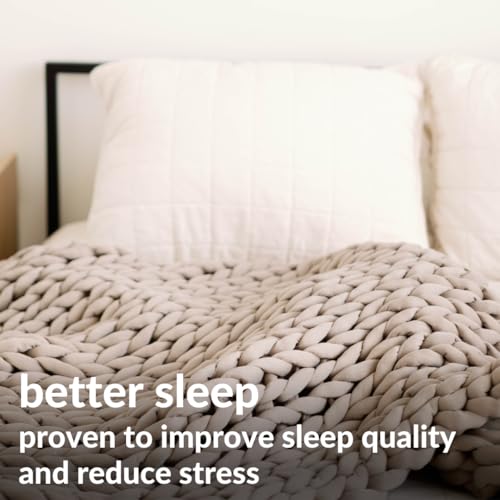 Chunky Knit Weighted Blanket - Breathable, Cooling, Hand Made Knit Throw Blanket for Sleep for Relaxation - Machine Washable, Stylish Design (Taupe, Throw | 12lbs | 44"x60") | Soft jersey-knit Taupe shell, 100% recycled hypoallergenic fill. Cooling weight