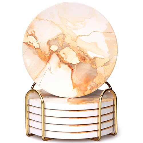 6 Pcs Gold Marble Abstract Ceramic Coasters with Holder Best Round Drink Absorbent Coaster for Desk, Lounge, Coffee Table, Wine, Beverage, Bar Coasters Set - color: Gold