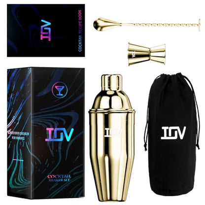 IOV Cocktail Shaker Bar Set, 24oz Martini Shaker with Built-in Strainer, Bar Tool Kit with Recipes Booklet, Professional Stainless Steel Large Bartender Drink Shaker Margarita Alcohol Mixer- Gold - color: 3 Pcs - Gold