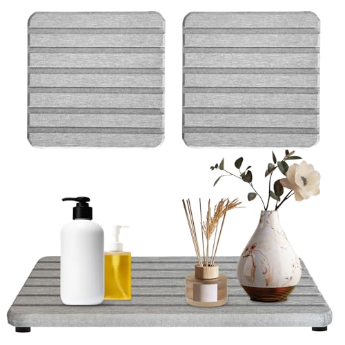 3PCS Diatomite Stone Tray Set, Large Soap Holder & 2 Square Coaster Mats for Bathroom Kitchen Counter, Fast-Absorbing Sink Organizer with Non-Slip Feet, 8.3x4 & 4x4 Inches