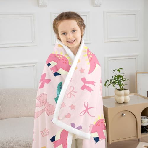 Cute Dino Kids Fleece Blanket,Kawaii Bowknot Heart Princess Style Throw Blanket for Adult,Pink Dinosaur Bow Tie Cartoon Animal Lightweight Polyester Sofa Sherpa Blanket, Queen (90 x 90 Inch) - color: 01 Pink Blue, size: Queen