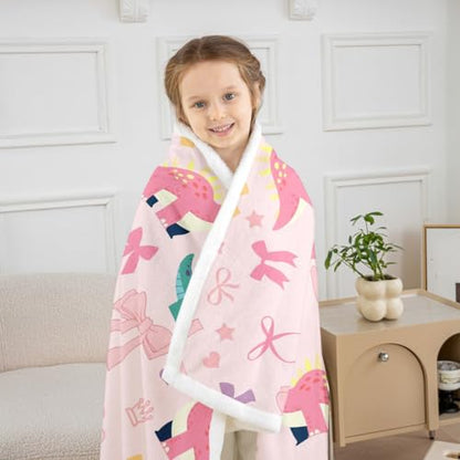 Cute Dino Kids Fleece Blanket,Kawaii Bowknot Heart Princess Style Throw Blanket for Adult,Pink Dinosaur Bow Tie Cartoon Animal Lightweight Polyester Sofa Sherpa Blanket, Queen (90 x 90 Inch) - color: 01 Pink Blue, size: Queen