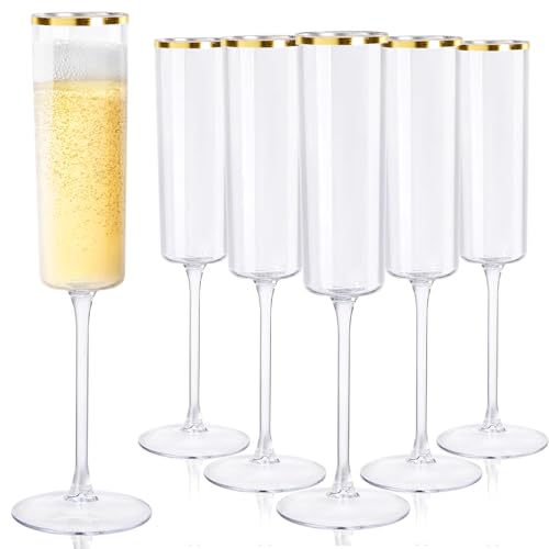 Ciaell 24 Pack Gold Plastic Champagne Flutes for Weddings Birthdays | 6 oz Clear Gold Rim Square Toasting Cups, Heavy Duty Plastic, Champagne Wine Mimosas Cocktails for Anniversaries Parties Bars - color: Gold, size: 6 oz