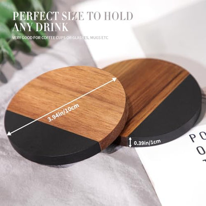 WLWNWFT Black Marble Acacia Wood Drinks Coasters Set of 4 with Holder, Modern Rustic Wooden Coasters for Drinks Coffee Table Dining Table Desk Christmas Housewarming Home Office