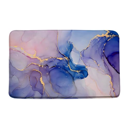 Blue Pink Marble Bath Mat Modern Abstract Blue Marble Texture Gold Stripes Elegant Bathroom Decor Rug Doormat Toilet Floor Rug,24x60 Inch - color: Blue Pink, size: 2' x 5' (Rectangular)