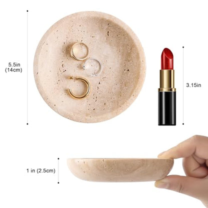 Natural Marble Travertine Ring Dish Jewelry Tray 5.5" for Women, Marble Trinket Dish for Key Earring Nightstand, Mother's Day Engagement Birthday Gift - Beige Travertine - color: Beige Travertine