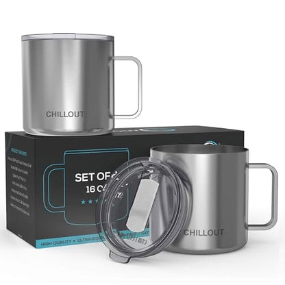 CHILLOUT LIFE Stainless Steel Vacuum Insulated Coffee Mug 16 oz (Set of 2) with Handle and Lid, Large Thermal Camping Coffee Mugs with Sliding Lid for Men & Women, Keeps Your Beverages Hot & Cold - color: Stainless Steel, size: 16 Ounces - 2 Pack
