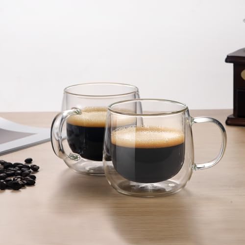 Double Wall Glass Coffee Mugs 16oz Set of 2 Insulated Clear Tea Cups with Handle, Perfect for Espresso, Latte and Cappuccinos - color: 16OZ-SET OF 2