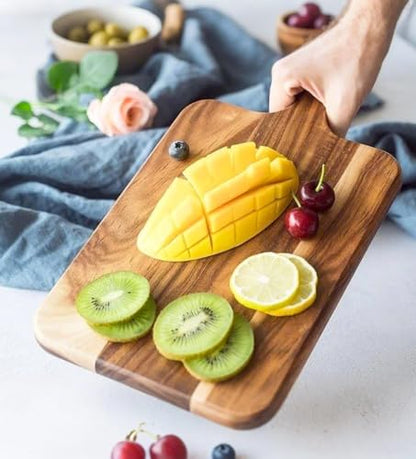 Acacia Wood Serving Board with Handle, Small Size 11" x 8"- Wooden Cutting Chopping Board for Meat, Vegetables, Bread, Charcuterie, Cheese Board - Food Serving Tray for Kitchen Appetizers - size: 7.7" Square Acacia