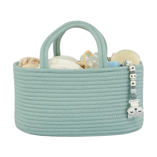 XUANGUO Cotton Rope Baby Diaper Caddy Organizer Basket Light Green | Nursery Storage Bin, Portable Baby Tote Bag for Changing Table or Car, Baby Shower Gifts Bag, Newborn Essentials, Registry - color: light green, size: Regular