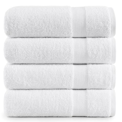 LANE LINEN Large Bath Towel Set Absorbent Quick Dry 100% Cotton - White | Bath Towels Set Of 4 - Fade-Resistant Color, Classic Terry Weave, Densely Woven, Coordinated Colors, Dobby Border Accent - color: 02: White, size: 4 Piece Bath Towels