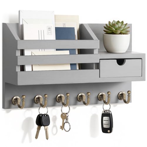 FifthQuarter Key Holder for Wall with Drawer and 6 Sturdy Hooks, A-Grey | Cute Rustic Farmhouse Wooden Key Rack, Reliable Entryway Doorway Organizer for Keys and Daily Essential, Easy Installation - color: A-Grey