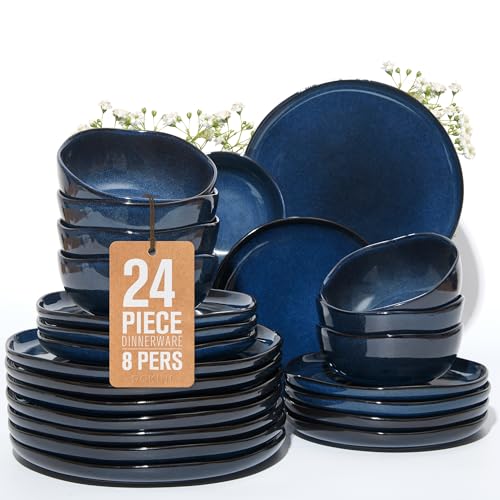24 Piece Ceramic Dinnerware Sets for 8, Starry Blue Reactive Glaze | Unique Coastal Edge for Holiday Gatherings, Thanksgiving, Dinner Parties | Microwave & Dishwasher Safe Stoneware Dish Set - color: Starry Blue, size: Set (24pcs)