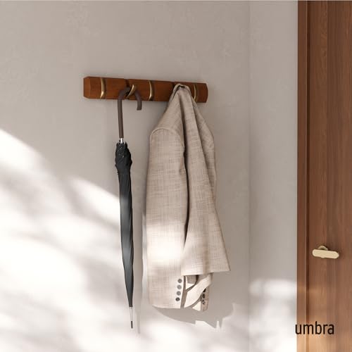 Umbra Flip Coat Rack, Wall Mounted 5-Hook Space Saving, Walnut/Gold | Real wood and steel build, retractable hooks fold flat, holds coats bags and scarves, easy install - color: Walnut/Gold, size: 5-Hook