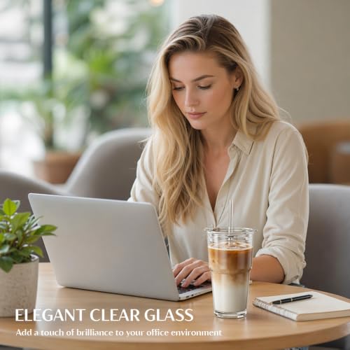 INSETLAN 20 oz Glass Tumbler with Glass Straw and Lid, Set of 4 - Thickened Ice Coffee Cup, Glass Cup with Lid and Straw for Smoothie, Tea, Milk, Whiskey, Water and More – Elegant & Durable - color: 20 oz - 4 Pcs