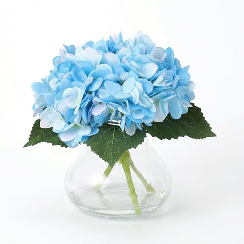 Garvee Blue Faux Hydrangea Flowers with Glass Vase, Silk Artificial Flower Arrangement with Faux Water, Fake Flowers in Vase for Table Centerpieces, Shelf Bathroom Decor, Home & Wedding Decoration - color: Hydrangea Blue