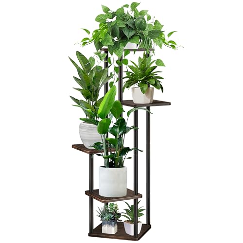 5 Tier Plant Stand Indoor, Thickened Metal Wood Corner Plant Shelf Stands for Multiple Plants, Indoor Tall Plants Stand Tiered Flower Holder for Living Room Patio Garden Balcony(Black+Oak) - color: Black+Oak, size: 5 Tier