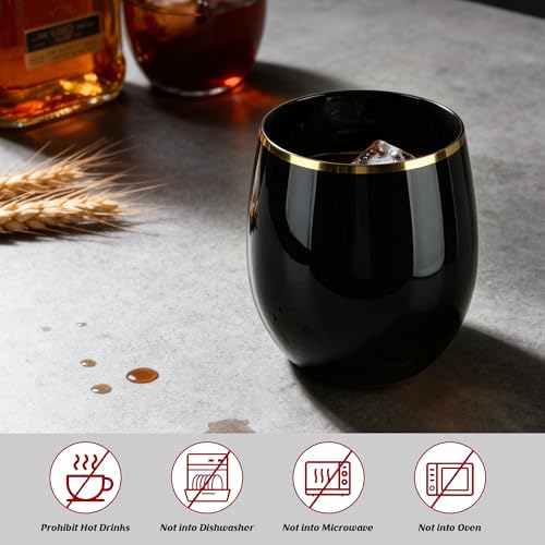 GuanQiao 24 Pack 12oz Black Plastic Wine Glasses with Gold Rim | Black Stemless Disposable Wine Cups, Shatterproof, BPA-Free Reusable Drinkware for Wedding, Party, New Year and Bridal Shower