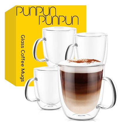 PunPun 17OZ. 500ml Clear Coffee Mugs, Glass for Coffee, Double Wall Insulated Glass Mugs with Big Handle, Every Day for Americano, Latte, Cappuccinos and Beverage.Set of 4 - color: 500ml / set of 4