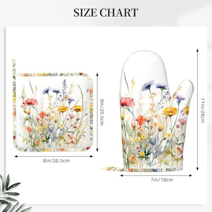 Wildflowers Oven Mitts and Pot Holders Sets for Kitchen Silicone Watercolor Flowers Oven Gloves Heat Resistant Blooming Flower Oven Mitts with 2 Non-Slip Pads Kitchen Gloves for Cooking - color: Red Blue