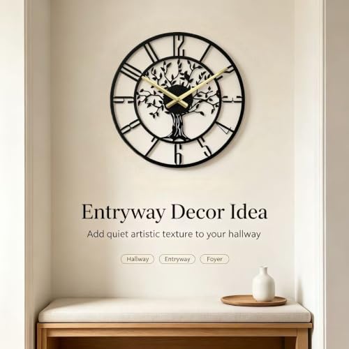 Wall Clock for Living Room Decor 14 inch Tree of Life Metal Wall Art, Non-Ticking Battery Operated Metal Black for Office/Bedroom/Kitchen/Dining Room Decoration - size: B 14 Inch
