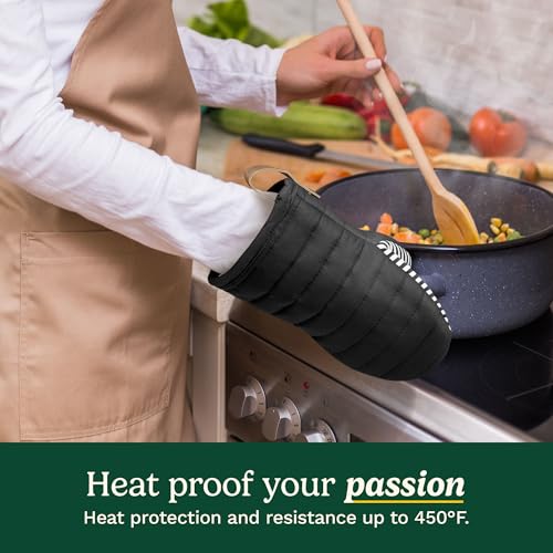 Cuisinart Mini Oven Mitts, 2-Pack 5.5"x8", Printed Silicone, 450F | Non-slip grip stripes, faux leather hang loop, cotton lining for comfort, ambidextrous for baking, cooking, and cast iron - color: Black