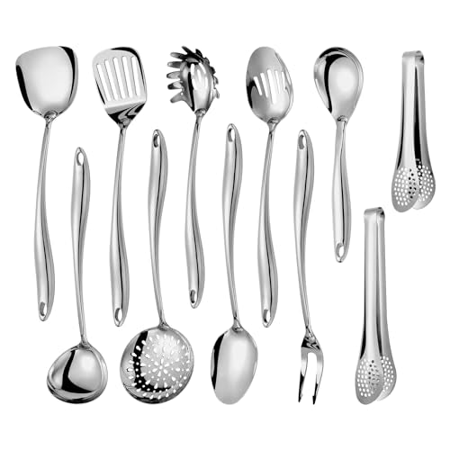 304 Stainlss Steel Kitchen Utensils Set, 11 Pcs Long Metal Cooking Utensil Gadgets Tools Set with Spatula, Spoon, Ladle, Skimmer, Turner, Pasta Server, Tongs(Mirror Polished, Dishwasher Safe) - size: 11Pcs-Silver
