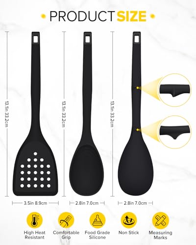 Pack of 4 Silicone Cooking Utensils Set, Non Stick Solid Spatulas and Heat Resistant Slotted Spoons with Back Hooks, Ideal BPA Free Kitchen Utensils Set for Frying,Serving,Turning,Stirring (BLACK) - color: Black