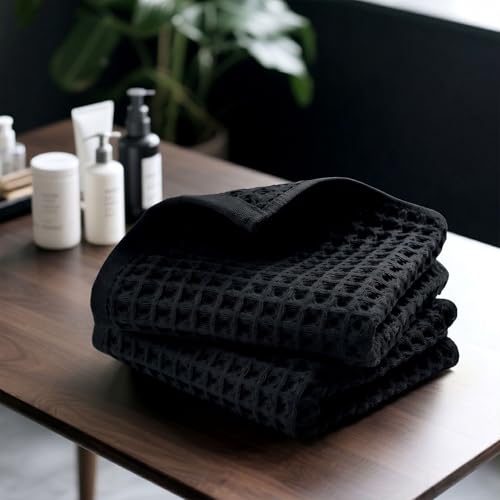 Jacquotha Black Waffle Cotton Hand Towels Set of 2 – Quick Dry, Low Lint | Towels for Bathroom, Kitchen & Daily Life, 13" x 29" - color: Black