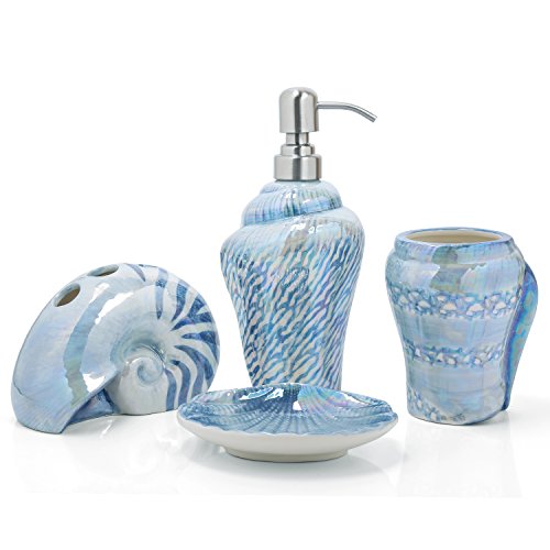 Ocean Conch Sea Shell Ceramic Bathroom Accessories Set of 4,1 Gargle Cups 1 Toothbrush Holders 1 Soap Dishes 1 Soap Dispenser (Blue) - color: Blue