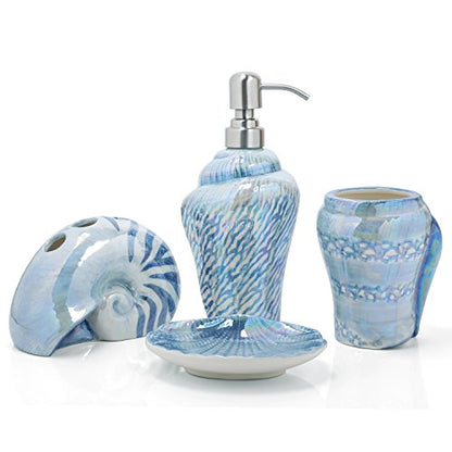Ocean Conch Sea Shell Ceramic Bathroom Accessories Set of 4,1 Gargle Cups 1 Toothbrush Holders 1 Soap Dishes 1 Soap Dispenser (Blue) - color: Blue