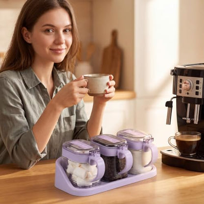 3 Pcs Sugar Coffee Container Set 16 oz Glass Condiment Jar Spice Container Coffee Station Organizer Set with Lable Stickers Scoop for Bean and Sugar Candy, Oats, Nuts (Purple) - color: Purple