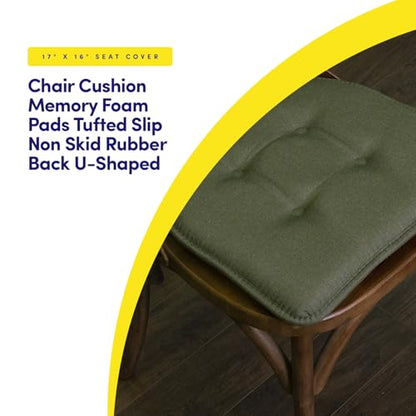 Sweet Home Collection Chair Cushion Memory Foam Pads Tufted Slip Non Skid Rubber Back U-Shaped 17" x 16" Seat Cover, 2 Count (Pack of 1), Army Green - color: Army Green, size: 2 Pack, style: Foam Pads