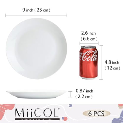 Miicol Ceramic Dinner Plates Set of 6, White Dessert Plates 9 Inch, Modern Round Porcelain Dishes for Steak, Pasta, Salad, Fruit, Microwave & Dishwasher Safe, Stackable - color: White 9 Inch