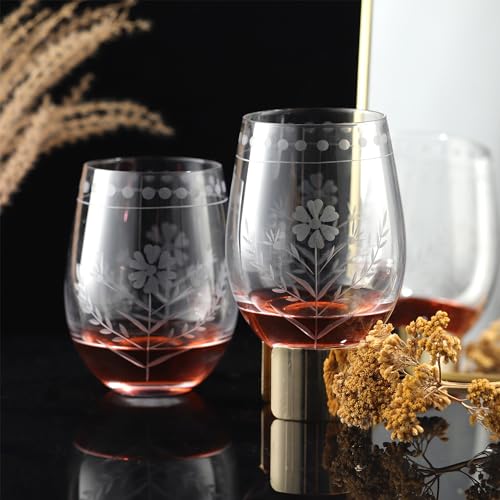 Joeyan Hand Blown Etched Stemless Wine Glasses,Carved Red and White Wine Tumbler with Floral Pattern,Clear Drinking Glass Cups,Glassware for Birthday Party Anniversary,19 oz,Set of 4,Dishwasher Safe - color: Wine Glasses