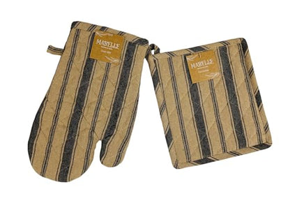 Decorative Kitchen Pot Holders Black Beige Ginham Striped 2 pc Set: (1) Oven Mitt and One (1) Pot Holder