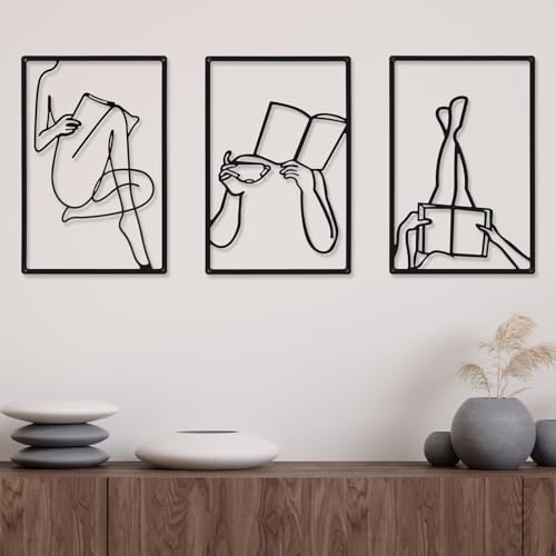 CHENGU 3 Pieces Metal Minimalist Abstract Woman Wall Art Line Drawing Wall Art Decor Single Line Female Home Hanging for Kitchen Bathroom Living Room - style: Book Style