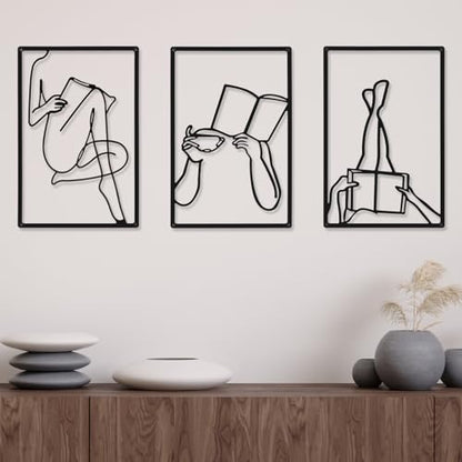 CHENGU 3 Pieces Metal Minimalist Abstract Woman Wall Art Line Drawing Wall Art Decor Single Line Female Home Hanging for Kitchen Bathroom Living Room - style: Book Style