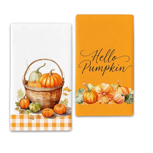 Hello Pumpkin Fall Kitchen Towels Decor Set of 2,Yellow Plaid Autumn Dish Towel 17"x27",Farmhouse Indoor Thanksgiving Halloween Seasonal Vintage Home Decorations Hand Towels - color: Pumpkin-yellow