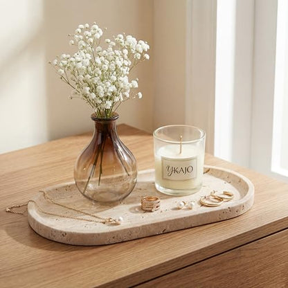 YKAJO Natural Travertine Beige Oval Marble Tray, 11.8x5.9 Vanity Organizer | Honed natural stone; jewelry & trinket dish, ring & key holder, soap & candle catchall; bath counter, dresser, coffee table - color: Natural Travertine Beige, size: 11.8" x 5.9"