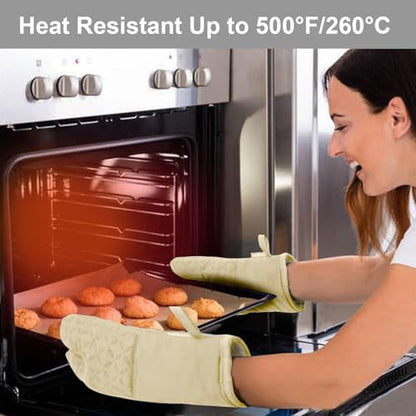 KEGOUU Oven Mitts and Pot Holders 6pcs Set, Kitchen Oven Glove High Heat Resistant 500 Degree Extra Long Oven Mitts and Potholder with Non-Slip Silicone Surface for Cooking (Beige) - color: Beige